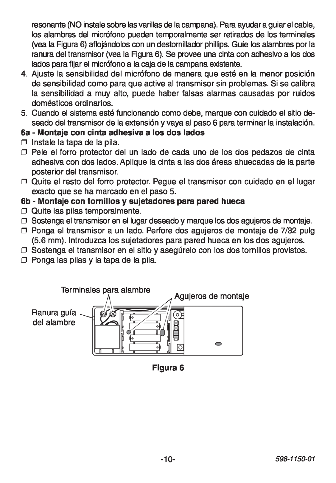 Heath Zenith AC-6507 manual 6a - Montaje con cinta adhesiva a los dos lados, Instale la tapa de la pila, Figura 