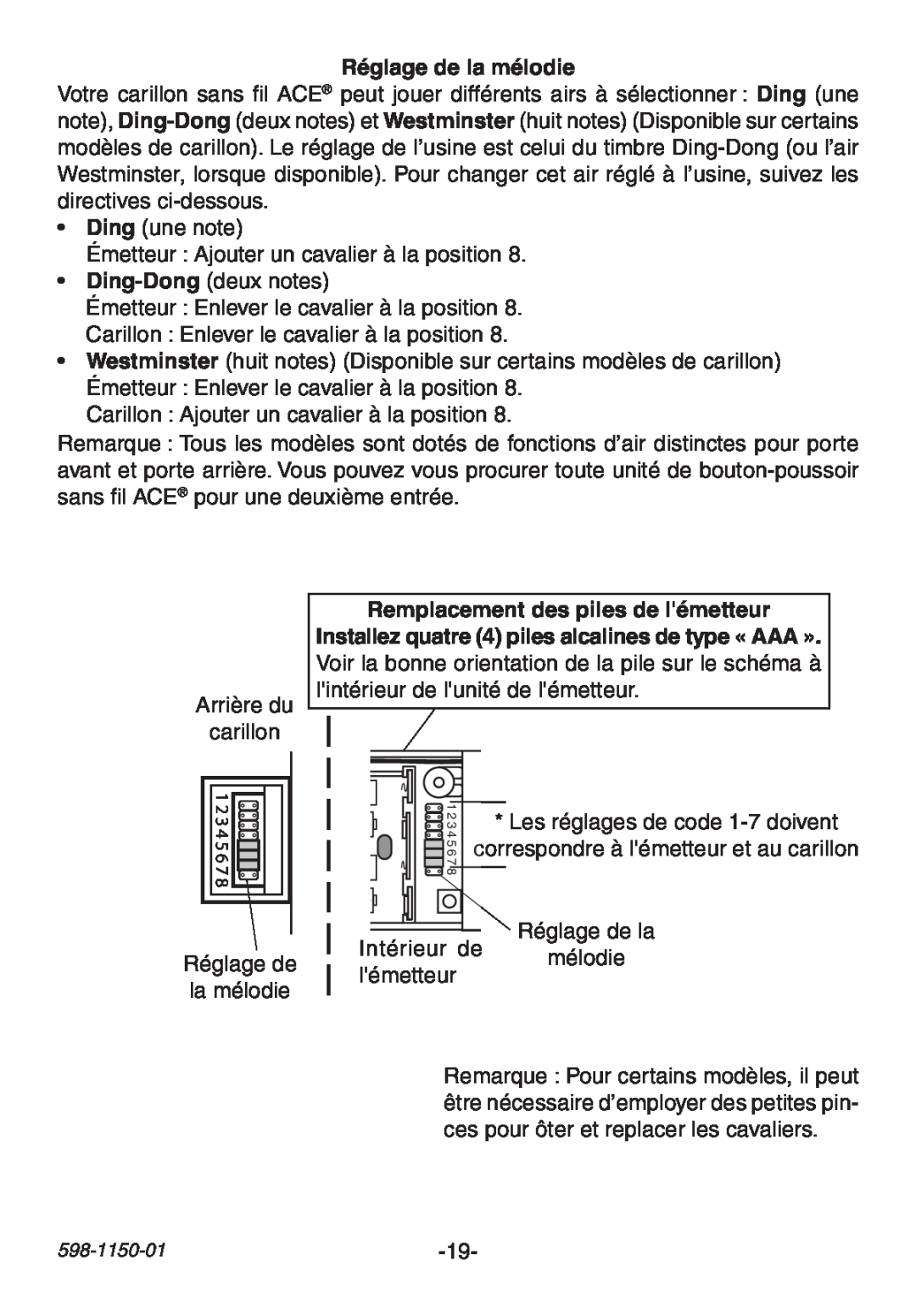 Heath Zenith AC-6507 manual Réglage de la mélodie, Remplacement des piles de lémetteur 