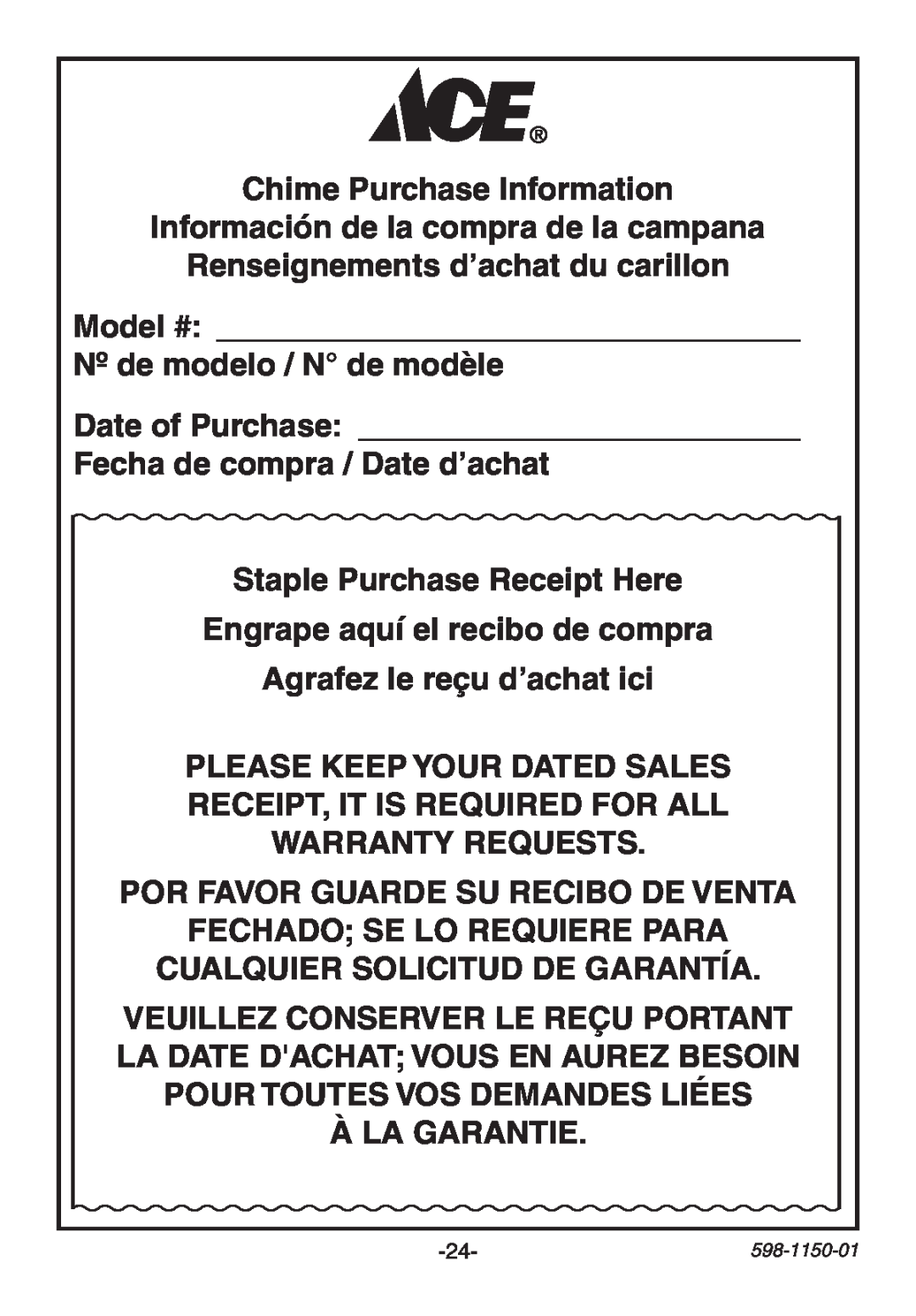 Heath Zenith AC-6507 manual Chime Purchase Information Información de la compra de la campana 