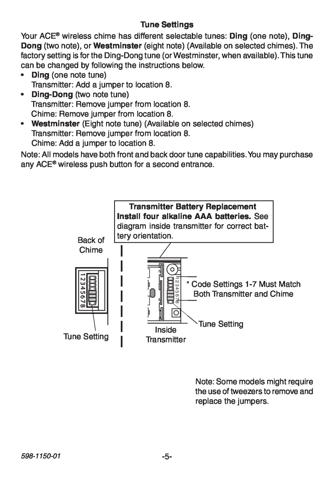 Heath Zenith AC-6507 manual Tune Settings, Transmitter Battery Replacement 