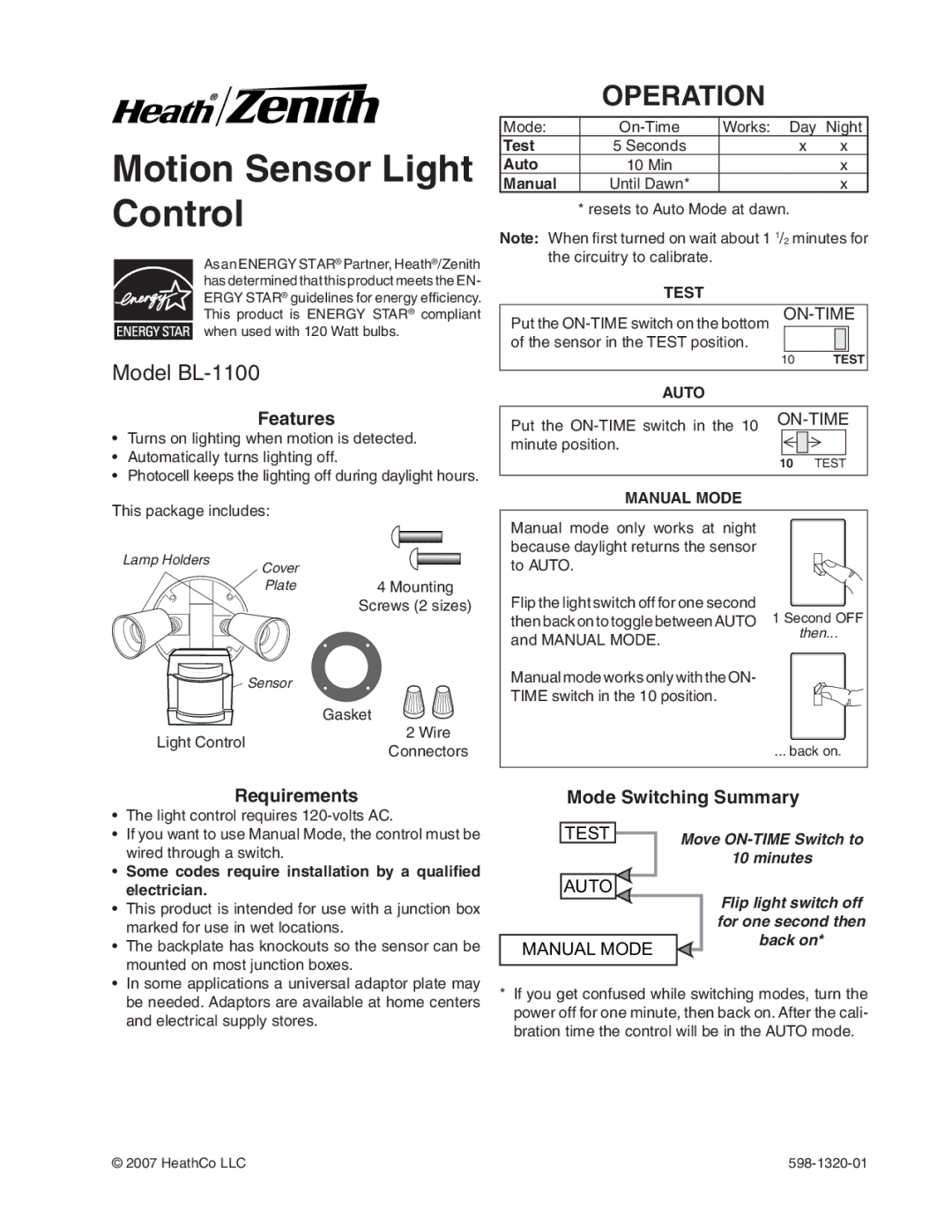 Heath Zenith manual Operation, Model BL-1100, Features, Requirements, Mode Switching Summary 