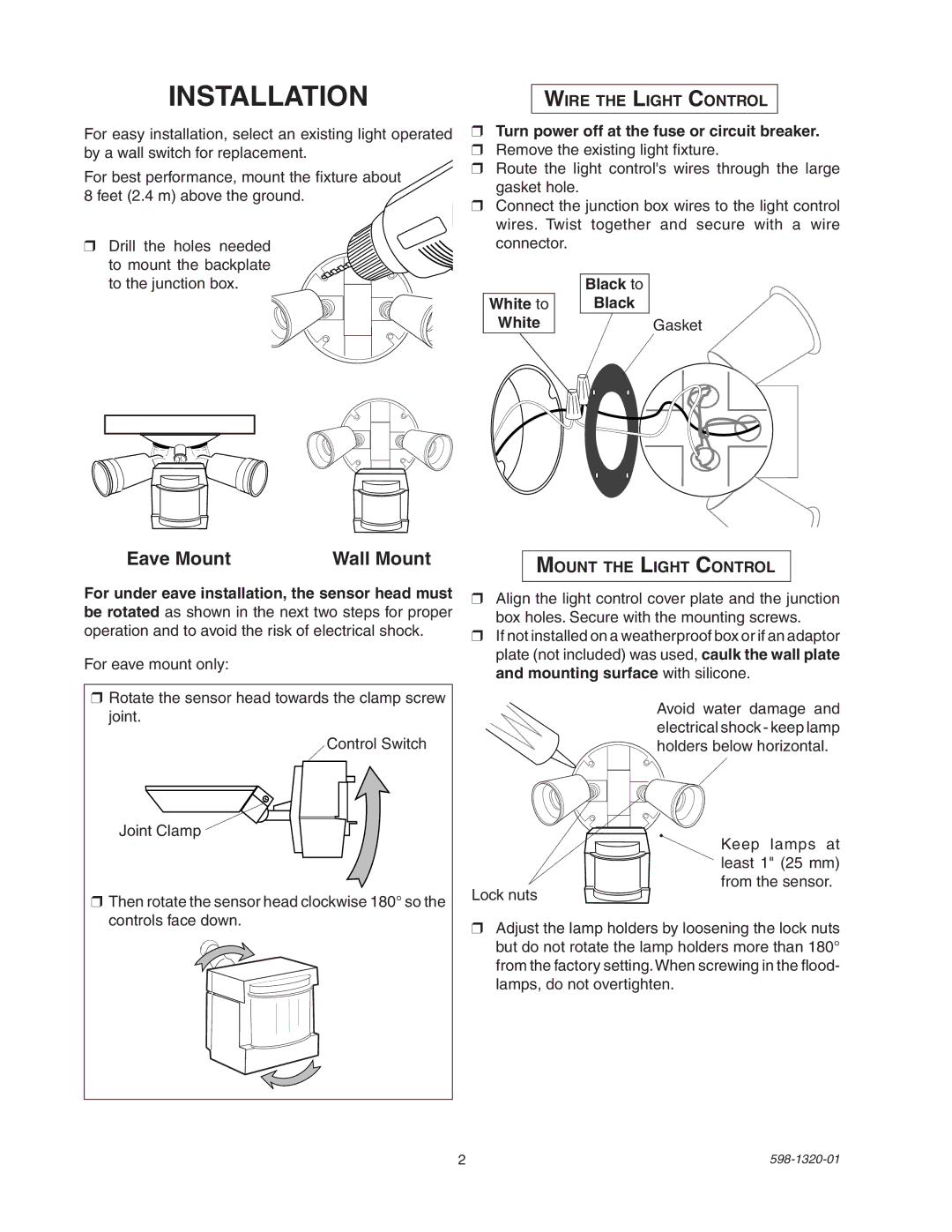 Heath Zenith BL-1100 manual Installation, Eave Mount Wall Mount 