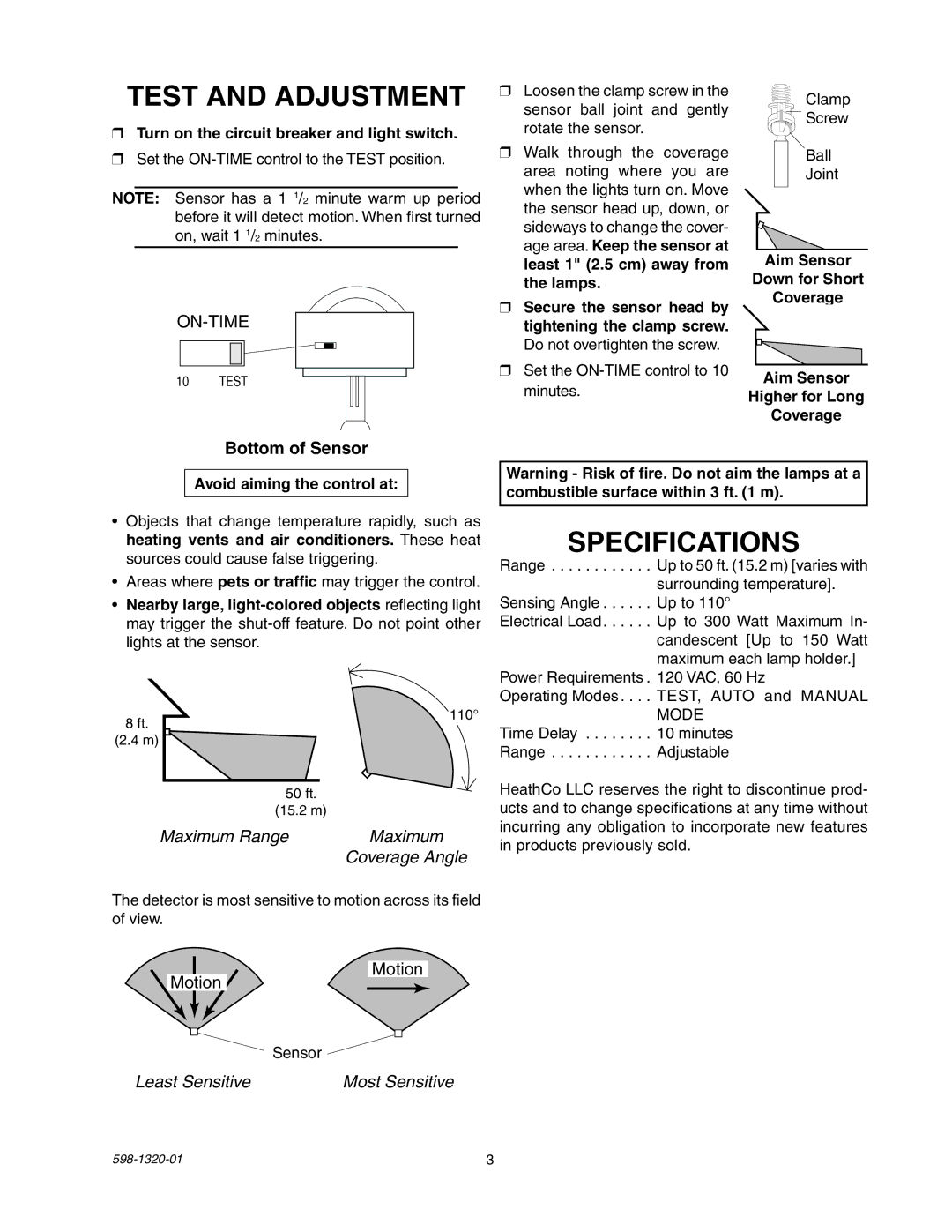 Heath Zenith BL-1100 manual Test and Adjustment, Specifications, Turn on the circuit breaker and light switch 