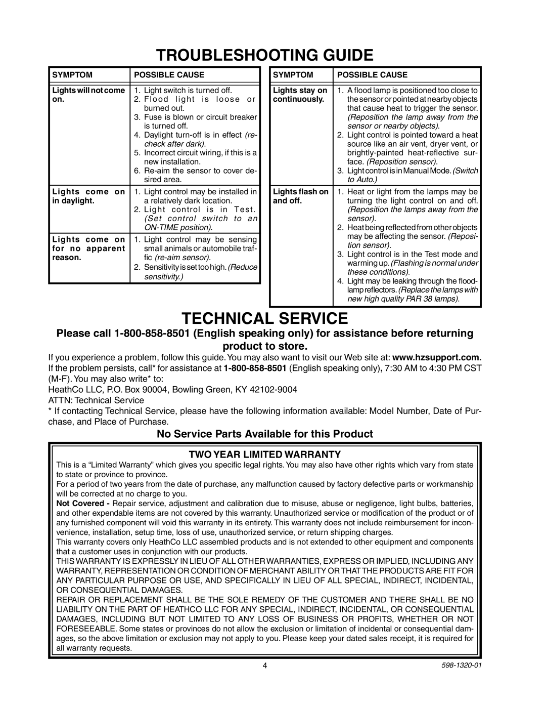 Heath Zenith BL-1100 manual Troubleshooting Guide, No Service Parts Available for this Product, Symptom Possible Cause 