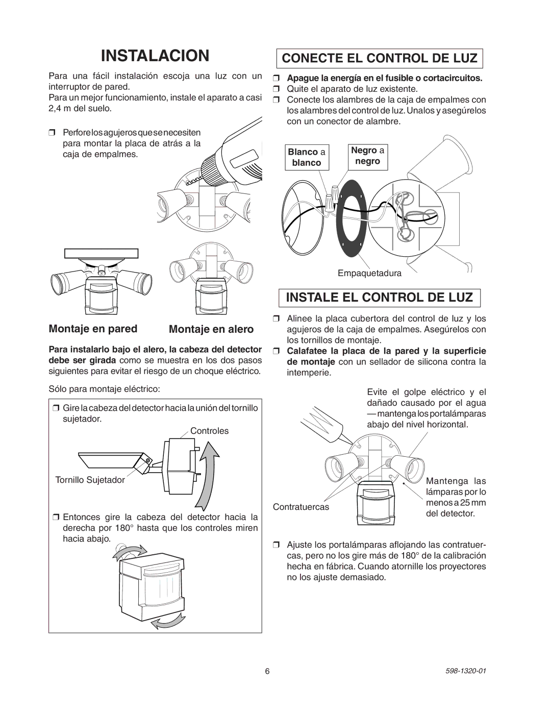 Heath Zenith BL-1100 Instalacion, Montaje en pared Montaje en alero, Apague la energía en el fusible o cortacircuitos 