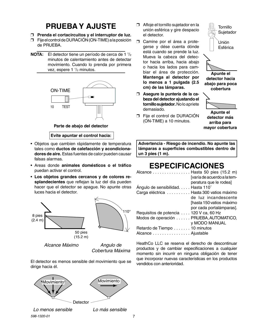 Heath Zenith BL-1100 manual Prueba Y Ajuste, Especificaciones, Prenda el cortacircuitos y el interruptor de luz 