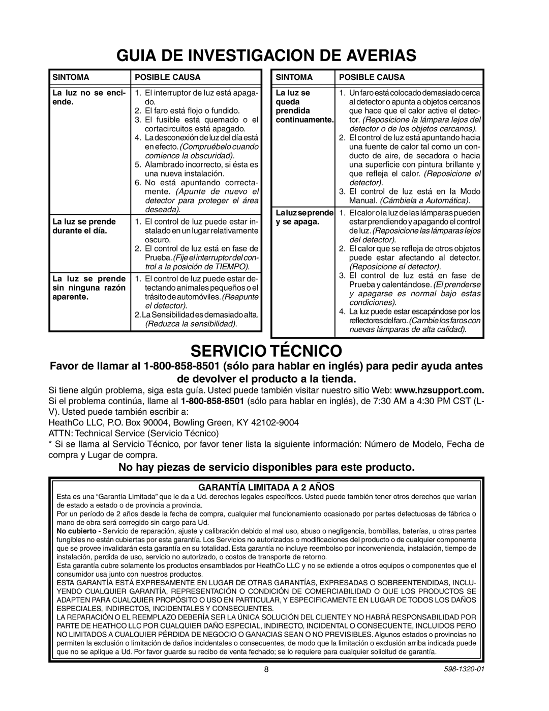 Heath Zenith BL-1100 Guia DE Investigacion DE Averias, Servicio Técnico, Garantía Limitada a 2 Años, Sintoma Posible Causa 