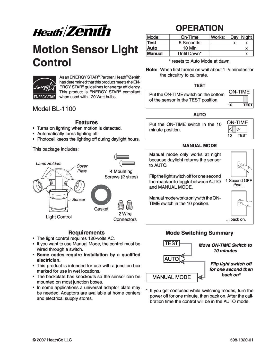 Heath Zenith manual Motion Sensor Light Control, Operation, Model BL-1100, Features, Requirements, On-Time, Test, Auto 
