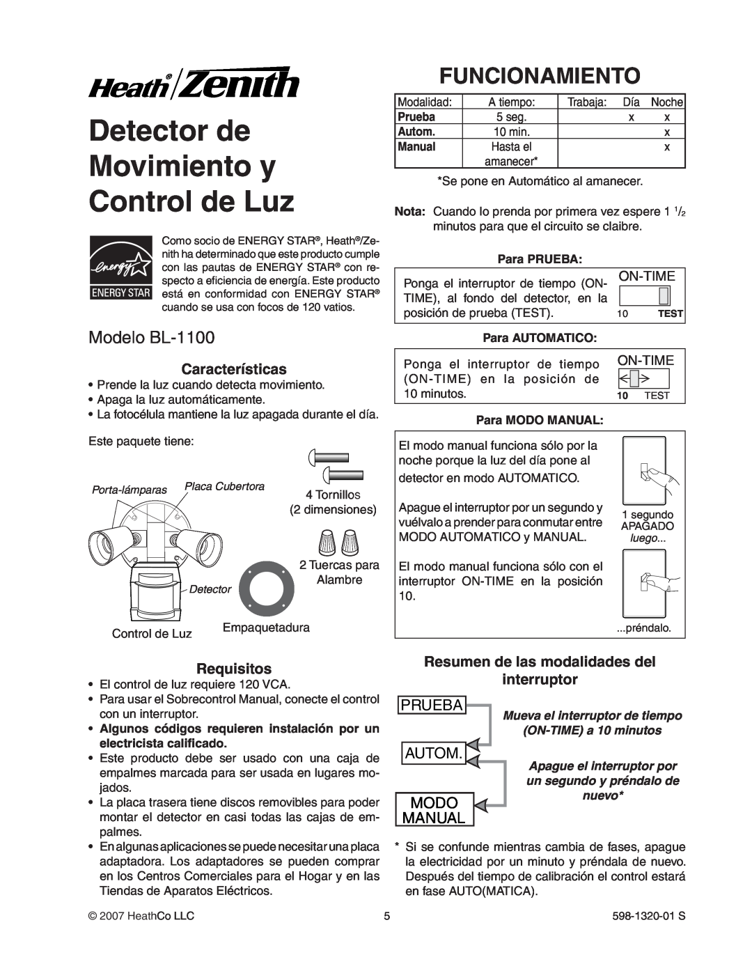 Heath Zenith Detector de Movimiento y Control de Luz, Funcionamiento, Modelo BL-1100, Características, Requisitos, Modo 