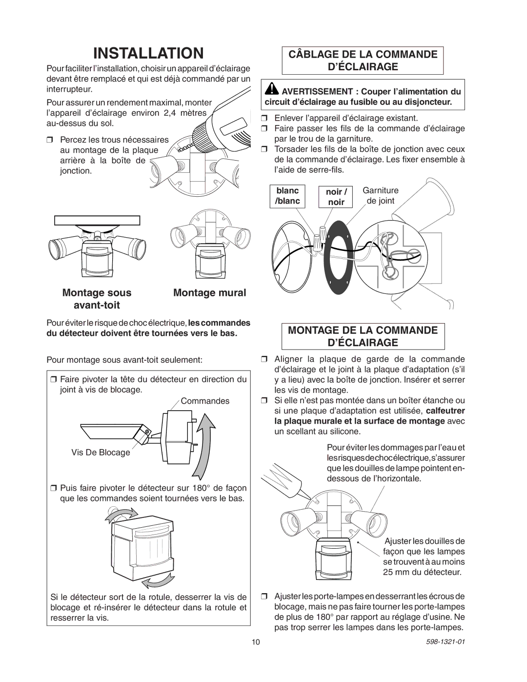 Heath Zenith BL-1800 manual Montage sous Montage mural Avant-toit, Garniture, Blanc Noir De joint 