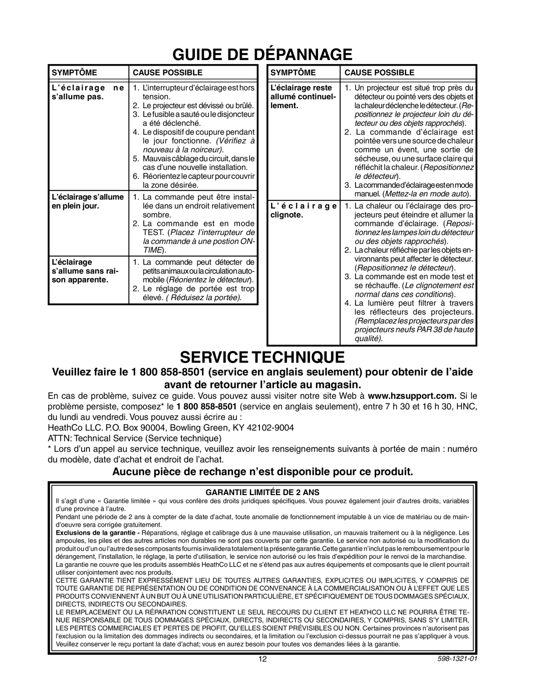 Heath Zenith BL-1800 Guide DE Dépannage, Service Technique, Aucune pièce de rechange n’est disponible pour ce produit 