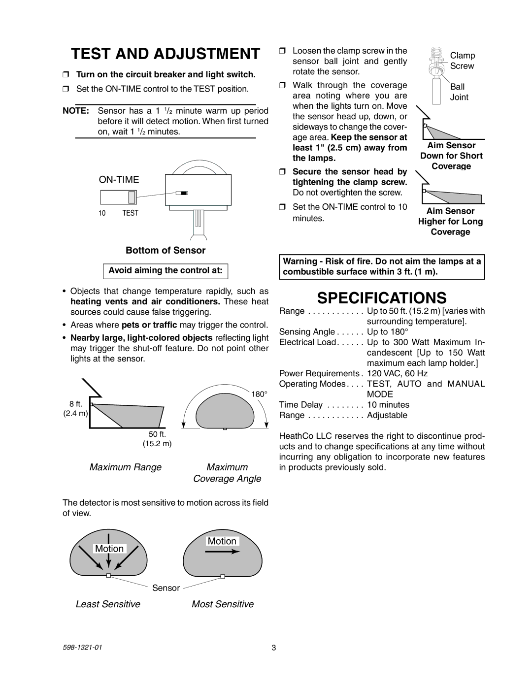 Heath Zenith BL-1800 manual Test and Adjustment, Specifications, Turn on the circuit breaker and light switch 