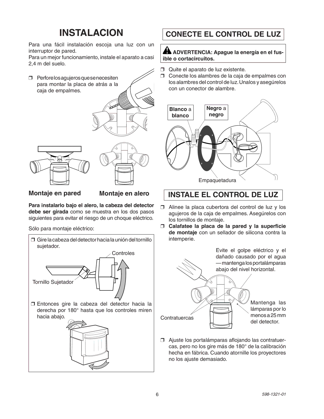 Heath Zenith BL-1800 manual Instalacion, Montaje en pared Montaje en alero, Blanco a Negro a 