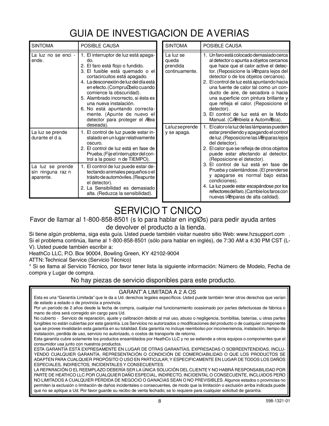 Heath Zenith BL-1800 Guia DE Investigacion DE Averias, Servicio Técnico, Garantía Limitada a 2 Años, Sintoma Posible Causa 