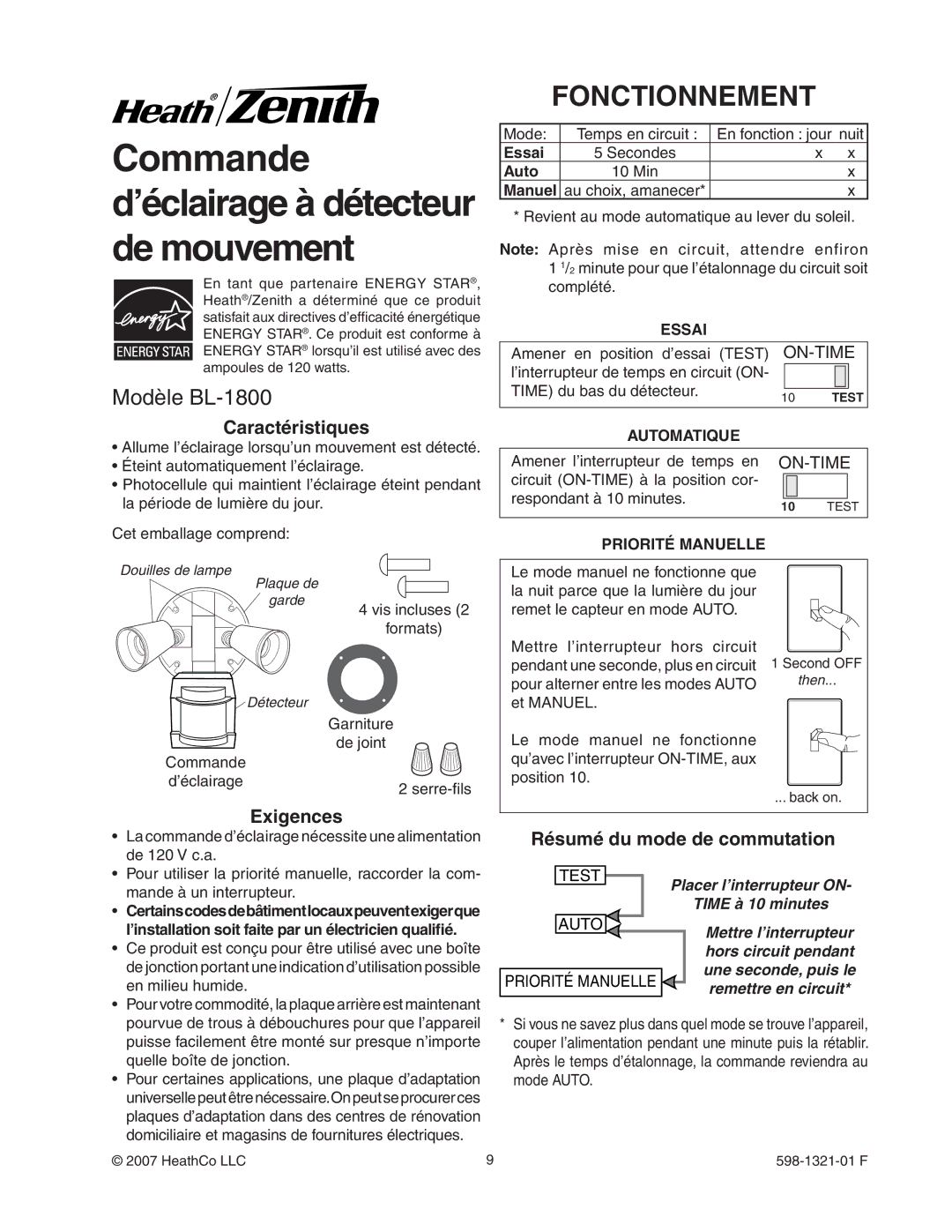 Heath Zenith manual Fonctionnement, Modèle BL-1800, Caractéristiques, Exigences, Résumé du mode de commutation 