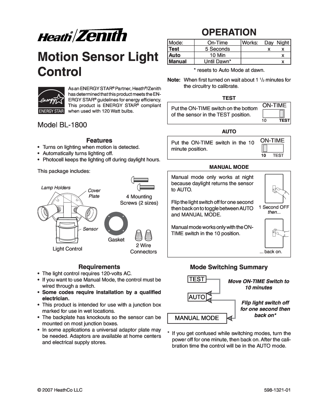 Heath Zenith manual Motion Sensor Light Control, Operation, Model BL-1800, On-Time, Test, Auto, Manual Mode, minutes 