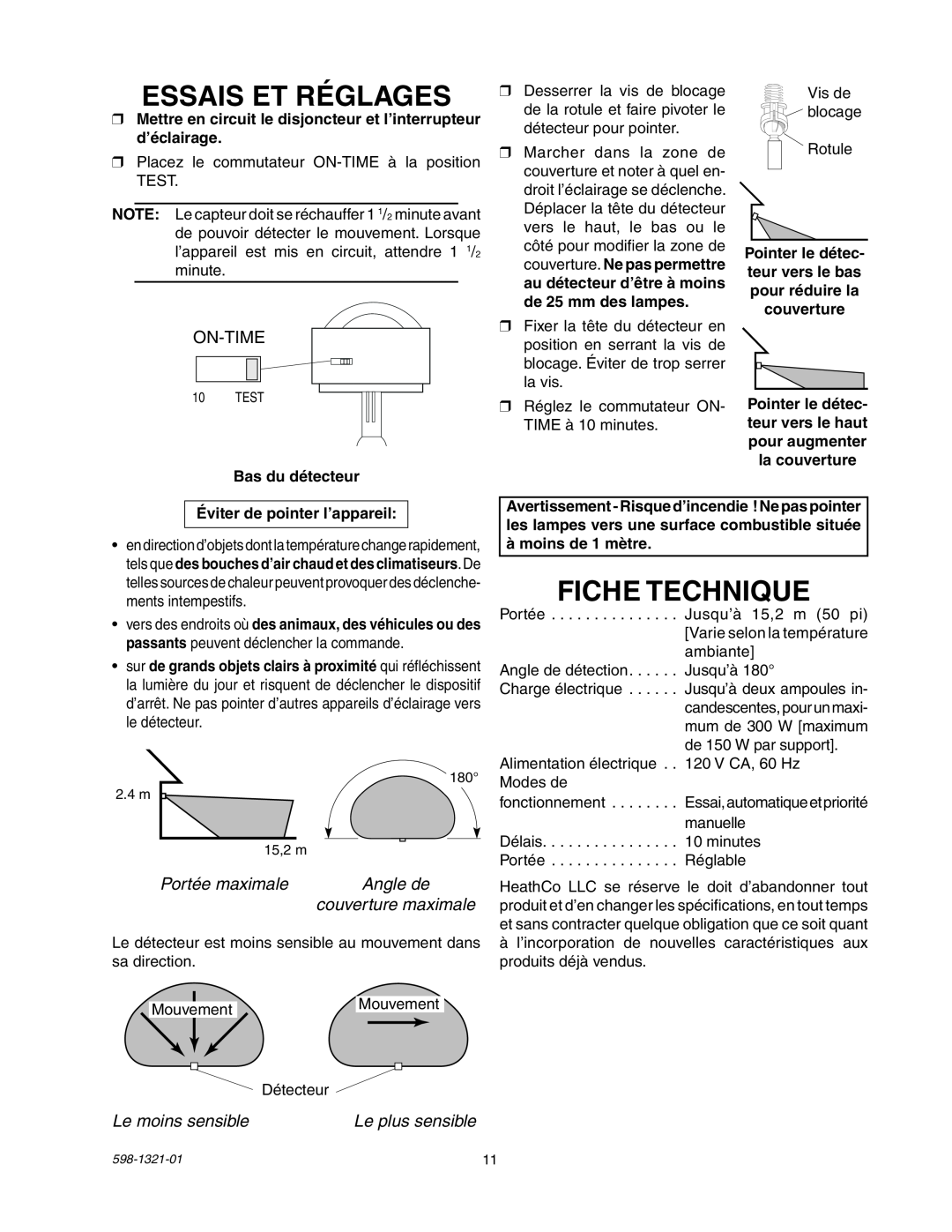 Heath Zenith BL-1800 manual Essais Et Réglages, Fiche Technique, On-Time, Portée maximale, Angle de, couverture maximale 