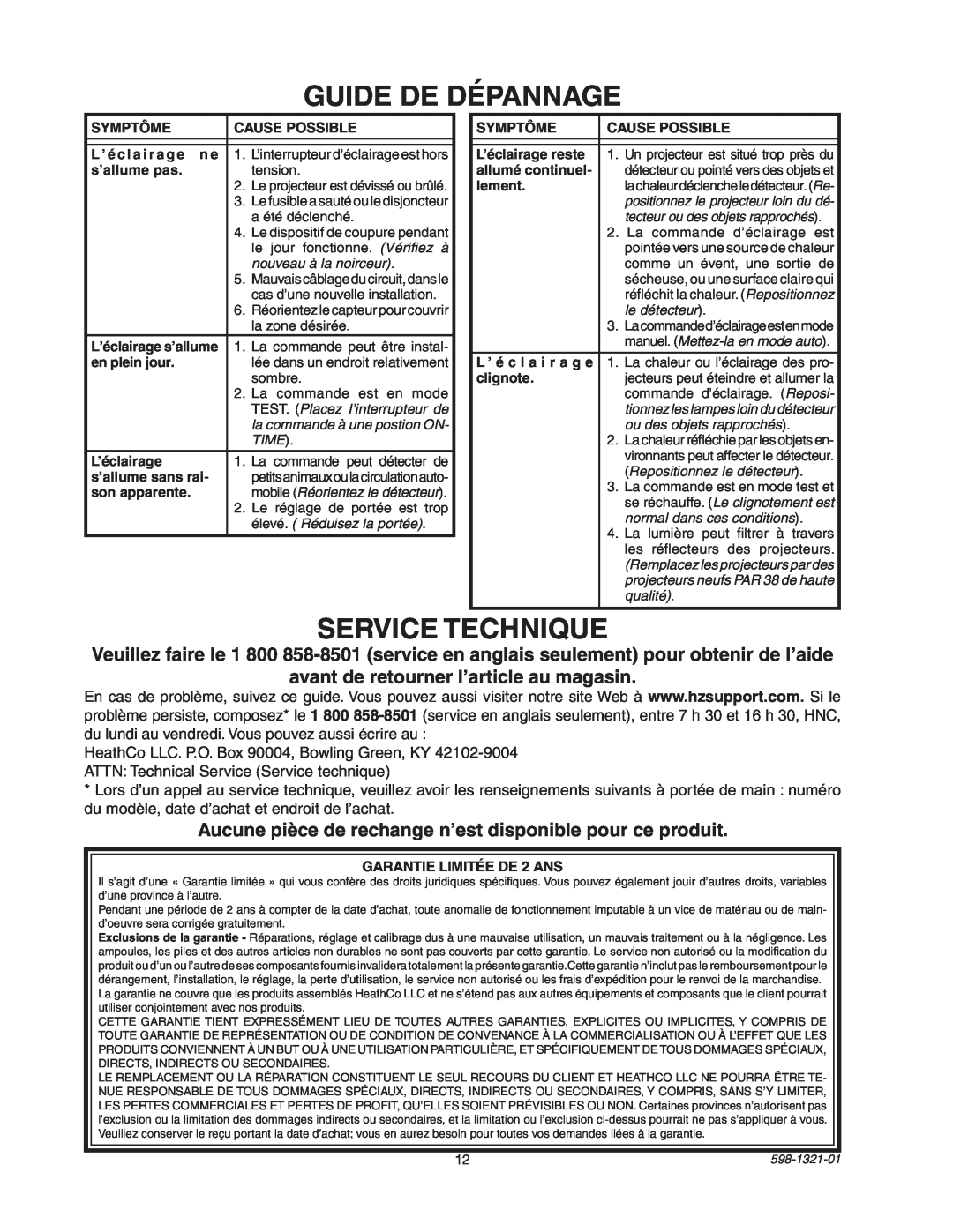 Heath Zenith BL-1800 manual Guide De Dépannage, Service Technique 