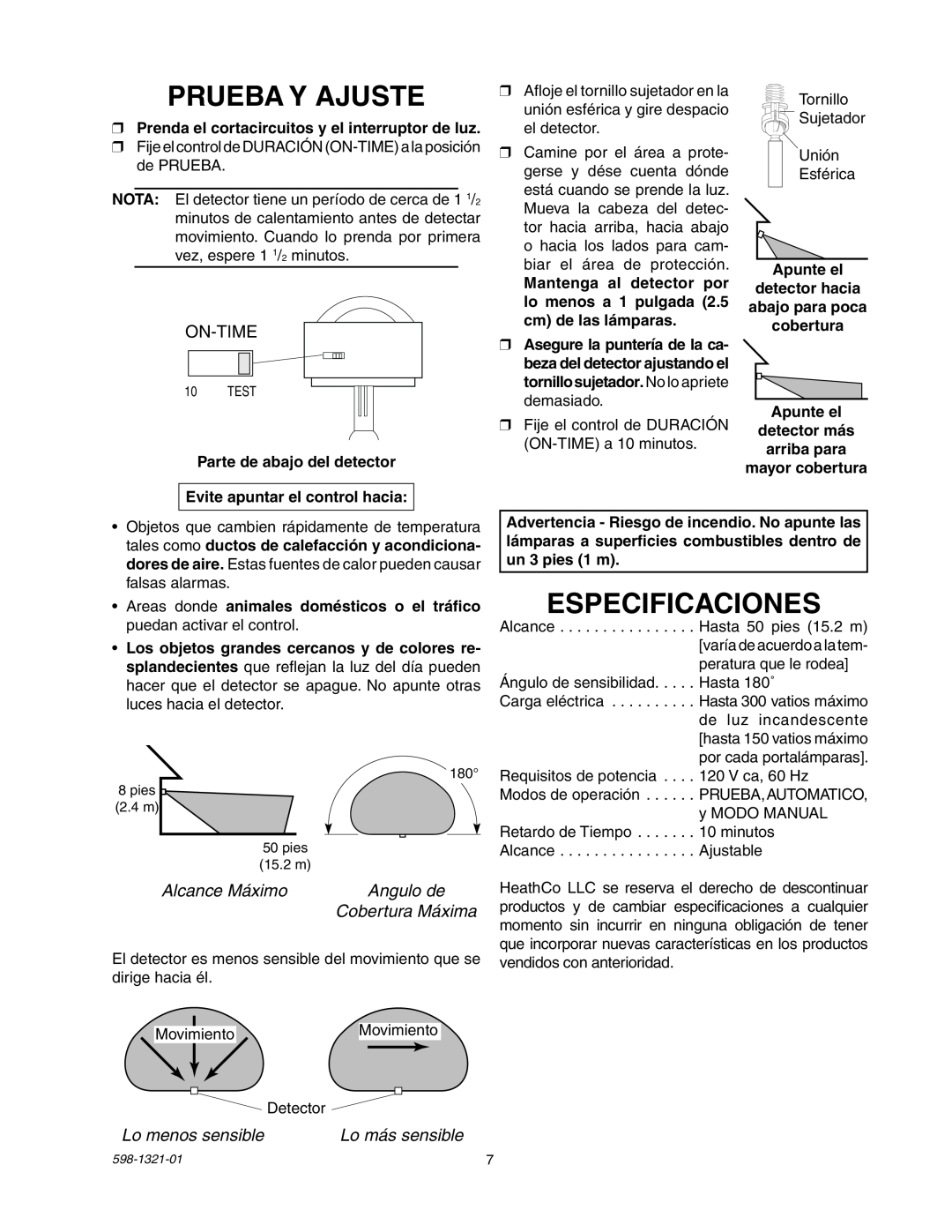Heath Zenith BL-1800 manual Prueba Y Ajuste, Especificaciones, On-Time, Alcance Máximo, Angulo de, Cobertura Máxima 
