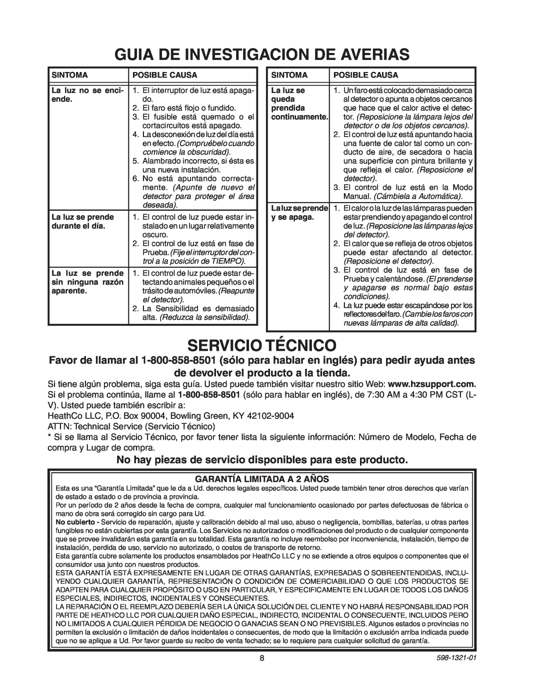 Heath Zenith BL-1800 manual Guia De Investigacion De Averias, Servicio Técnico 