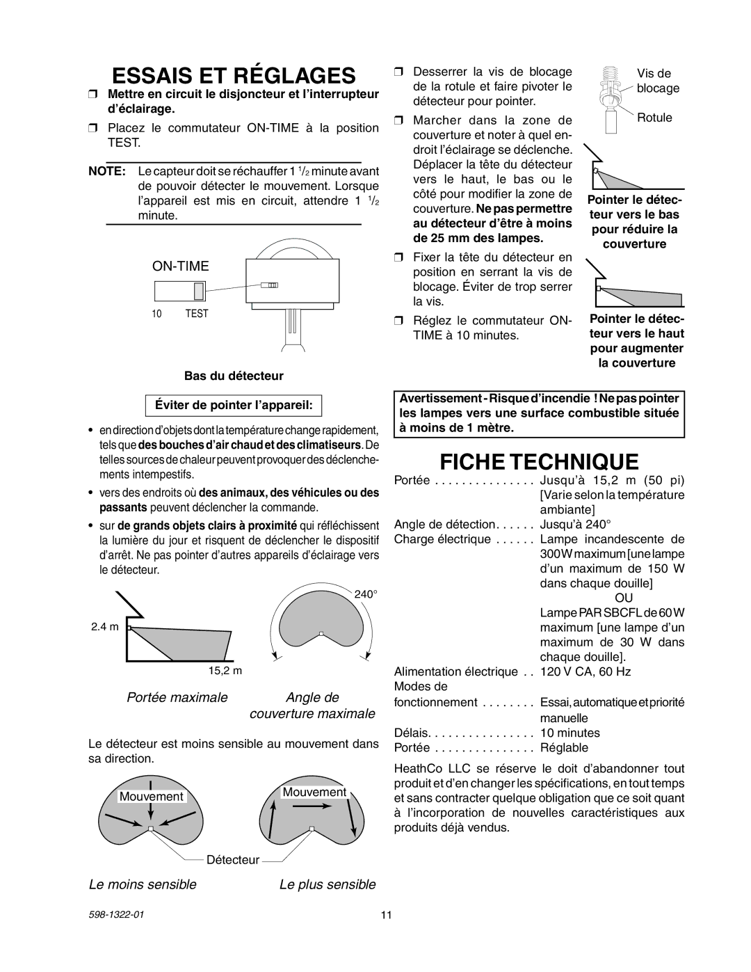 Heath Zenith BL-2400 manual Essais ET Réglages, Fiche Technique, Bas du détecteur, Éviter de pointer l’appareil, 15,2 m 