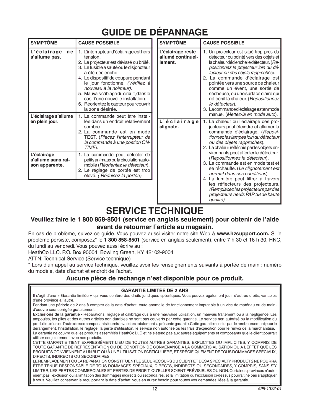 Heath Zenith BL-2400 Guide DE Dépannage, Service Technique, Aucune pièce de rechange n’est disponible pour ce produit 