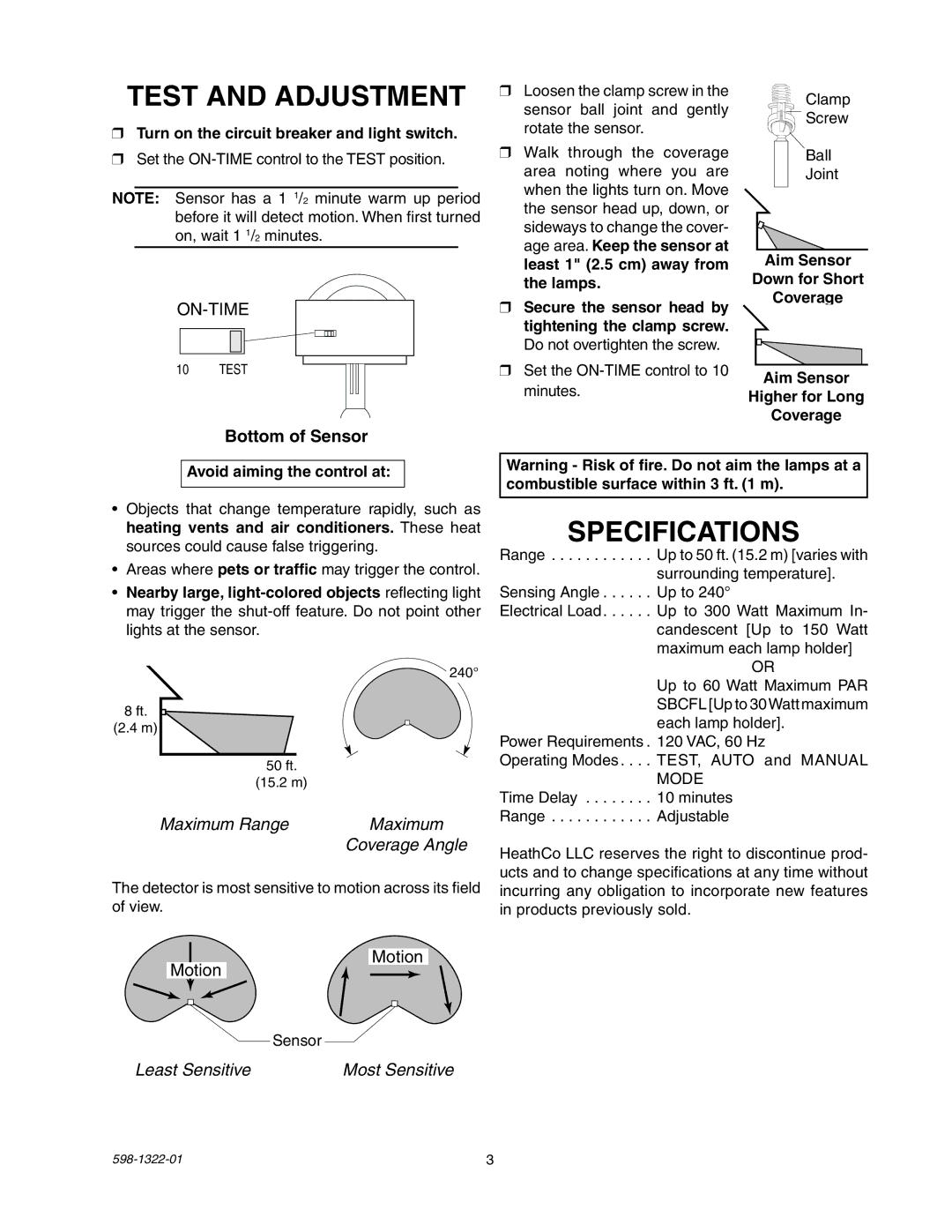 Heath Zenith BL-2400 manual Test and Adjustment, Specifications, Turn on the circuit breaker and light switch 