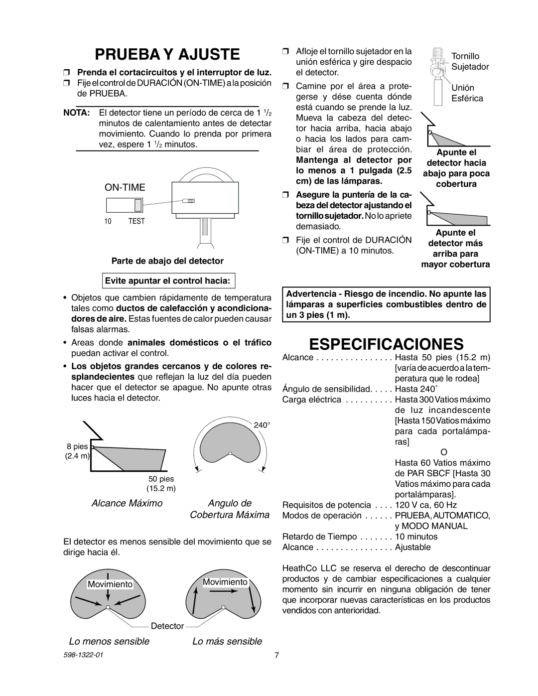 Heath Zenith BL-2400 manual Prueba Y Ajuste, Especificaciones, Prenda el cortacircuitos y el interruptor de luz 