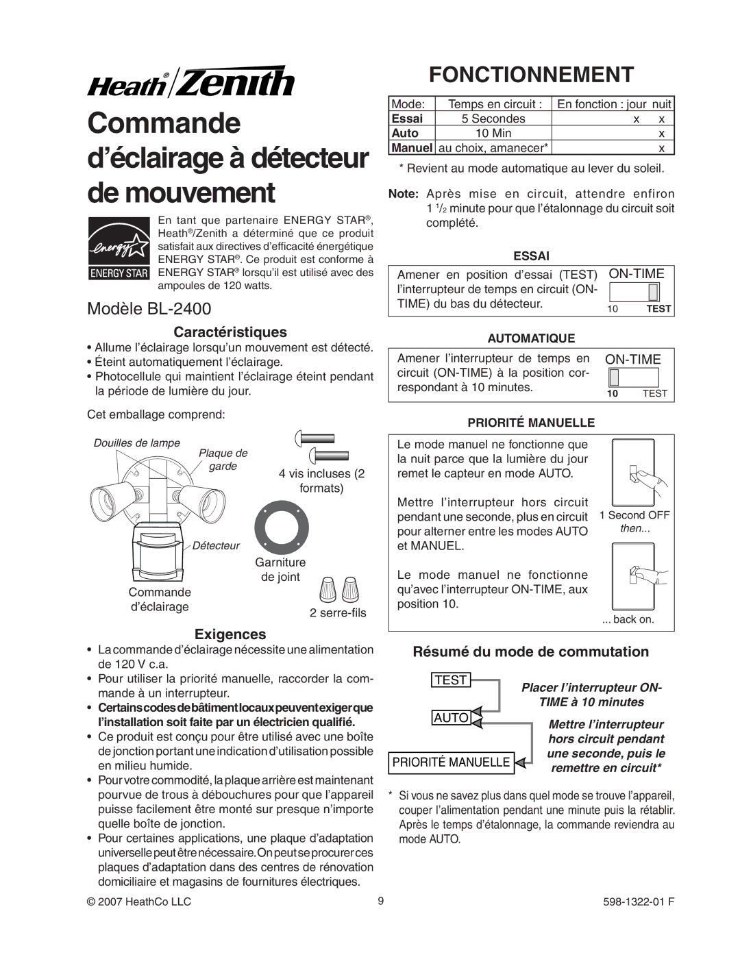 Heath Zenith manual Fonctionnement, Modèle BL-2400, Caractéristiques, Exigences, Résumé du mode de commutation 