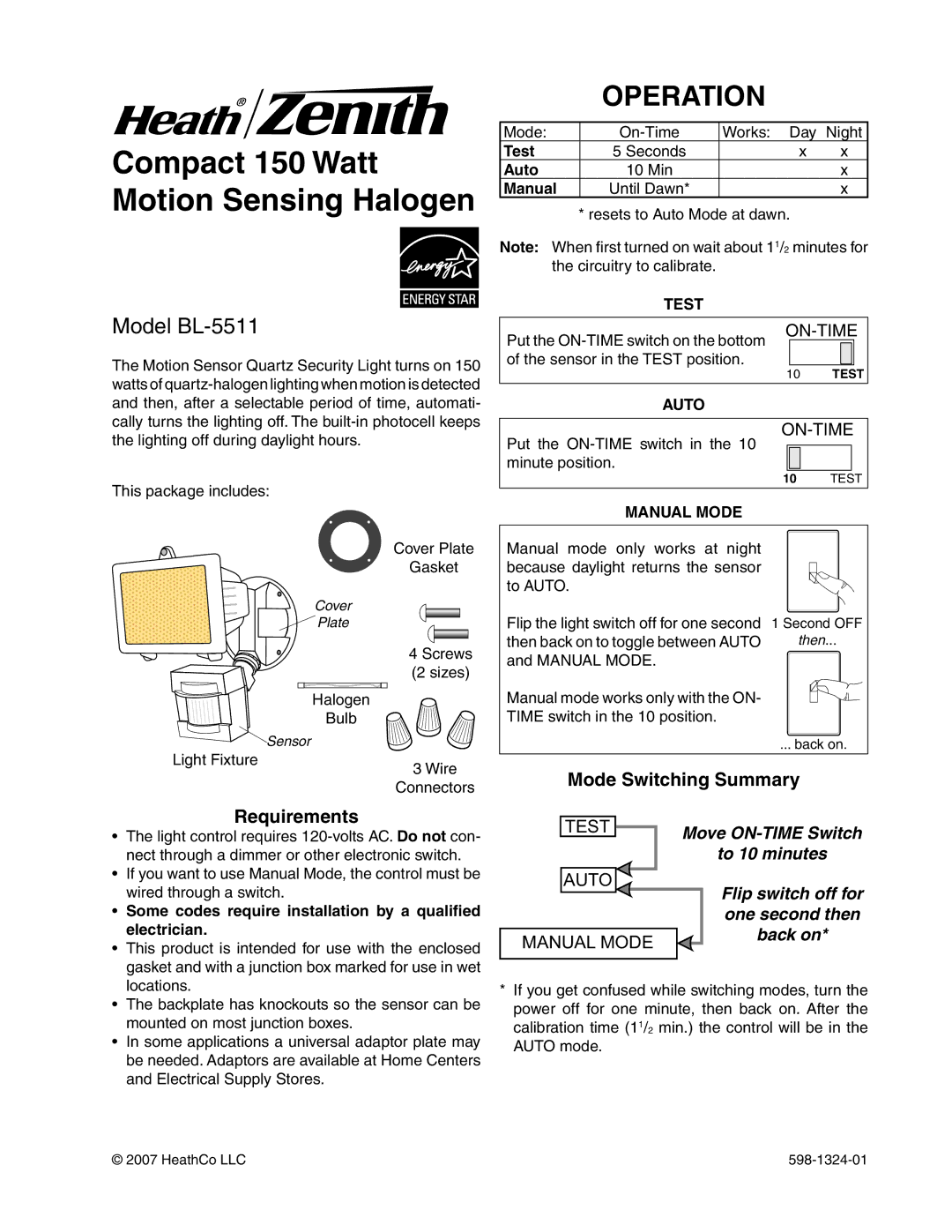 Heath Zenith manual Operation, Model BL-5511, Requirements, Mode Switching Summary 