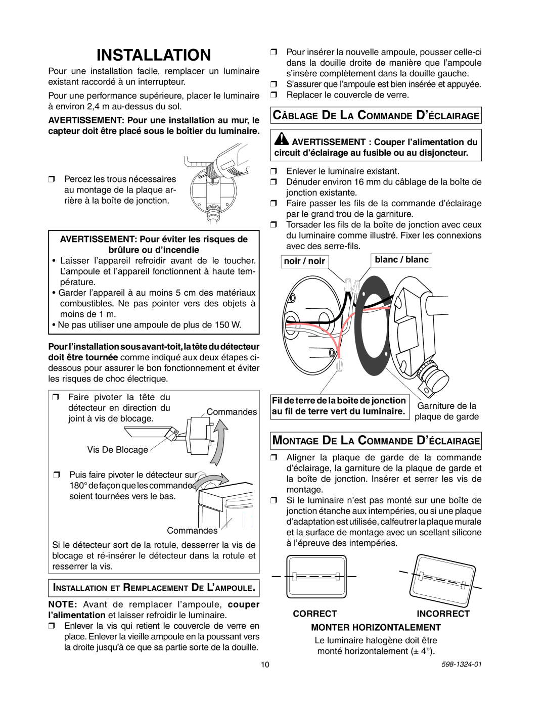 Heath Zenith BL-5511 Noir / noir Blanc / blanc, Au fil de terre vert du luminaire, Montage De La Commande D’éclairage 