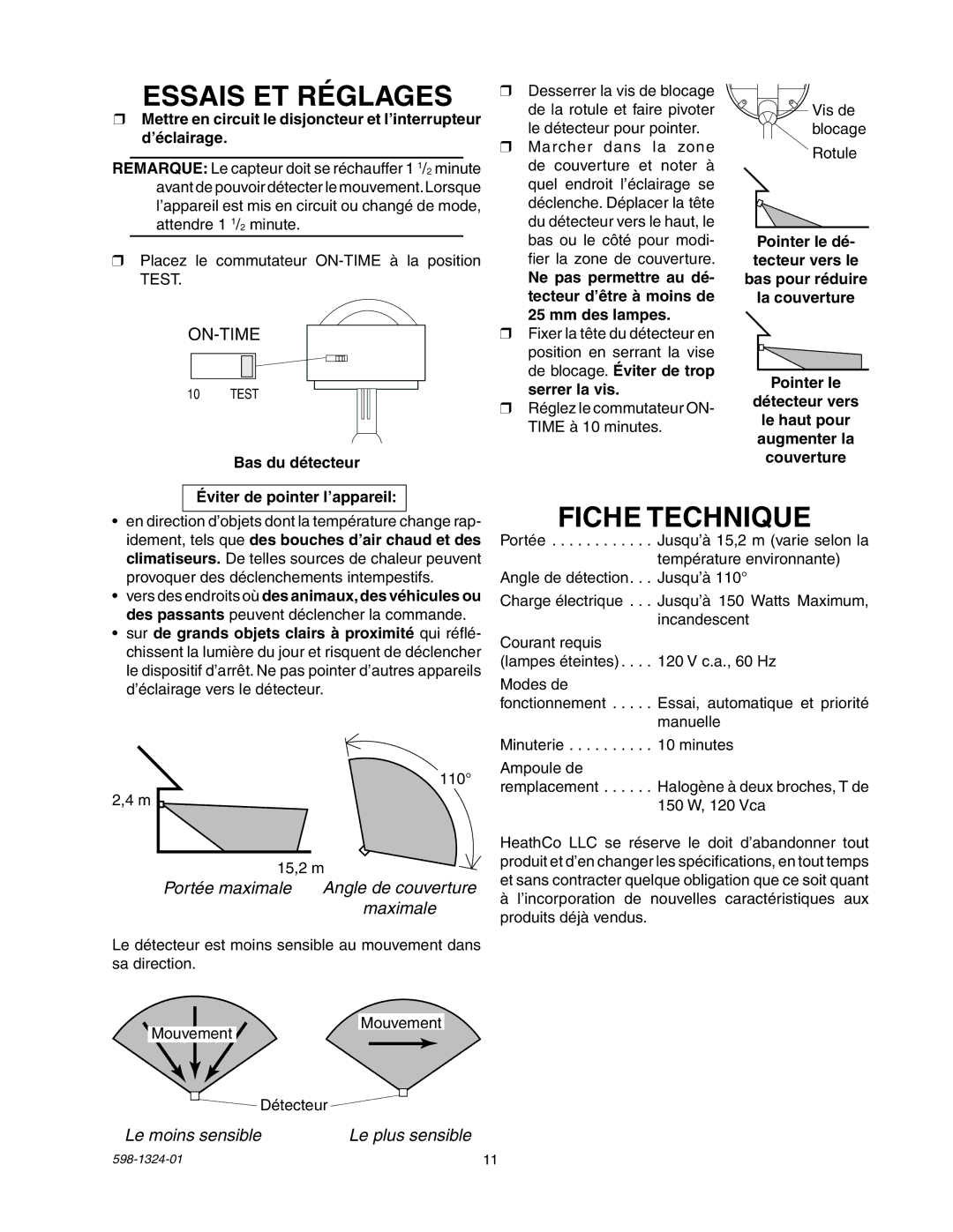 Heath Zenith BL-5511 manual Essais ET Réglages, Fiche Technique, Bas du détecteur 