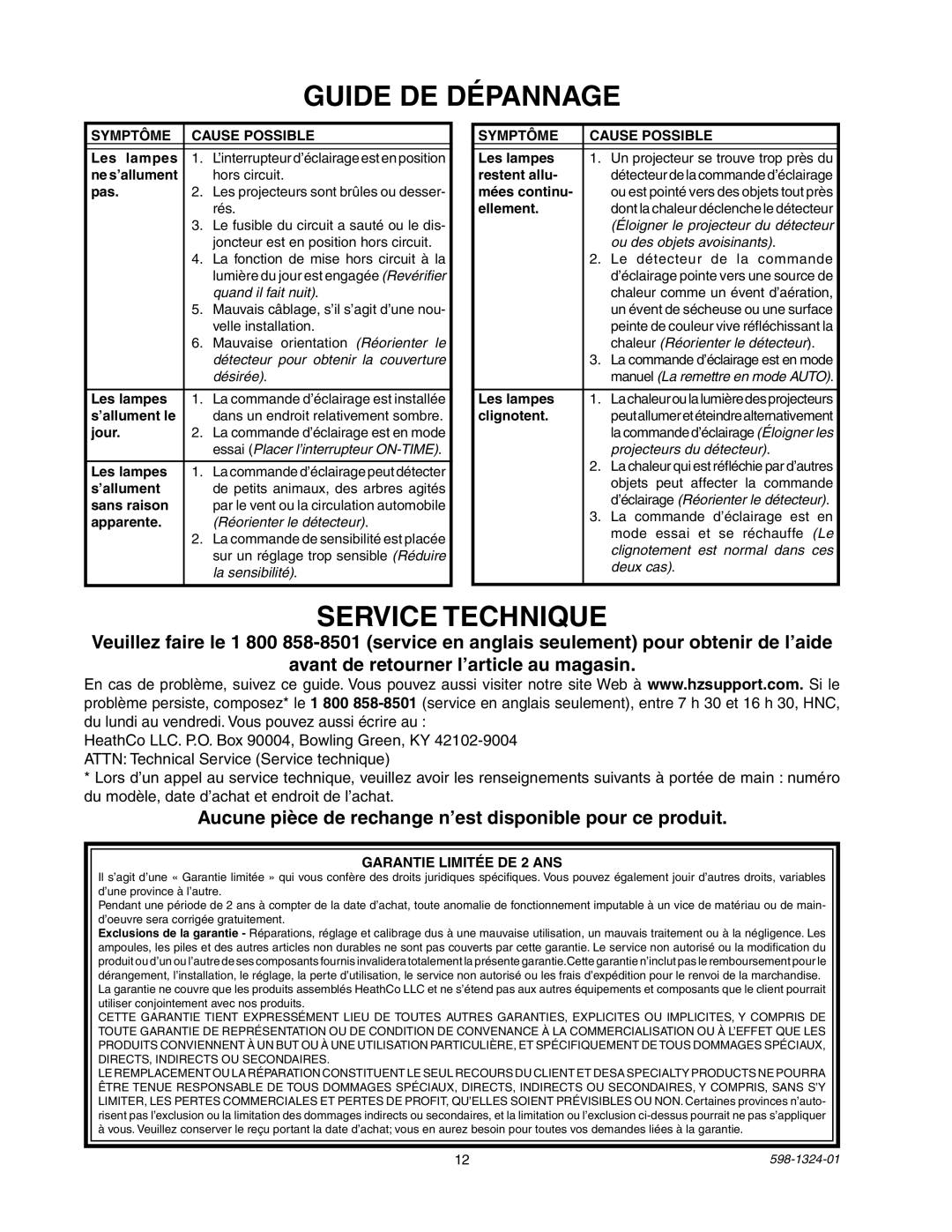 Heath Zenith BL-5511 Guide DE Dépannage, Service Technique, Aucune pièce de rechange n’est disponible pour ce produit 