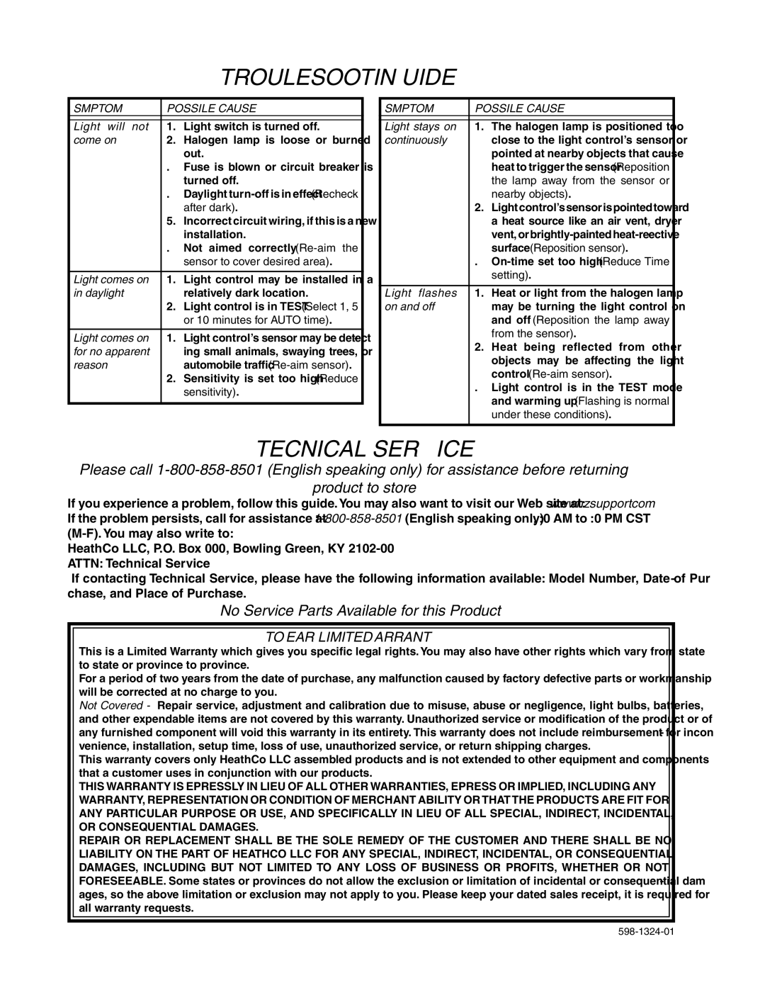 Heath Zenith BL-5511 manual Troubleshooting Guide, No Service Parts Available for this Product, Symptom Possible Cause 