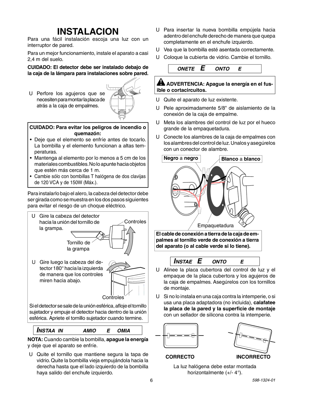 Heath Zenith BL-5511 manual Instalacion, Correctoincorrecto 