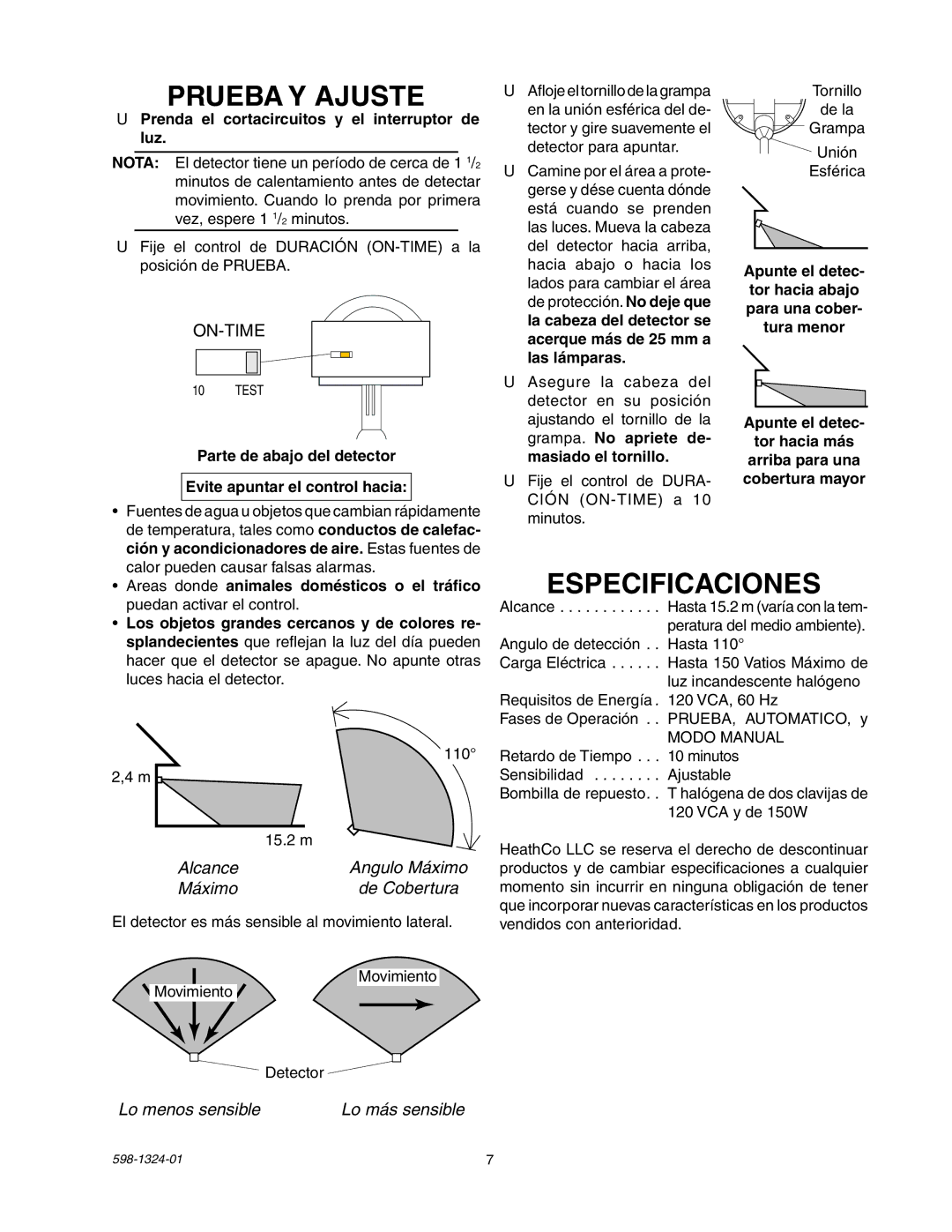 Heath Zenith BL-5511 manual Prueba Y Ajuste, Especificaciones 