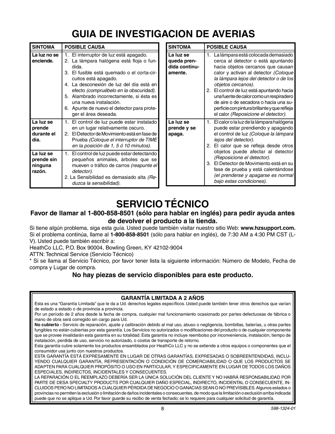 Heath Zenith BL-5511 Guia DE Investigacion DE Averias, Servicio Técnico, Garantía Limitada a 2 Años, Sintoma Posible Causa 