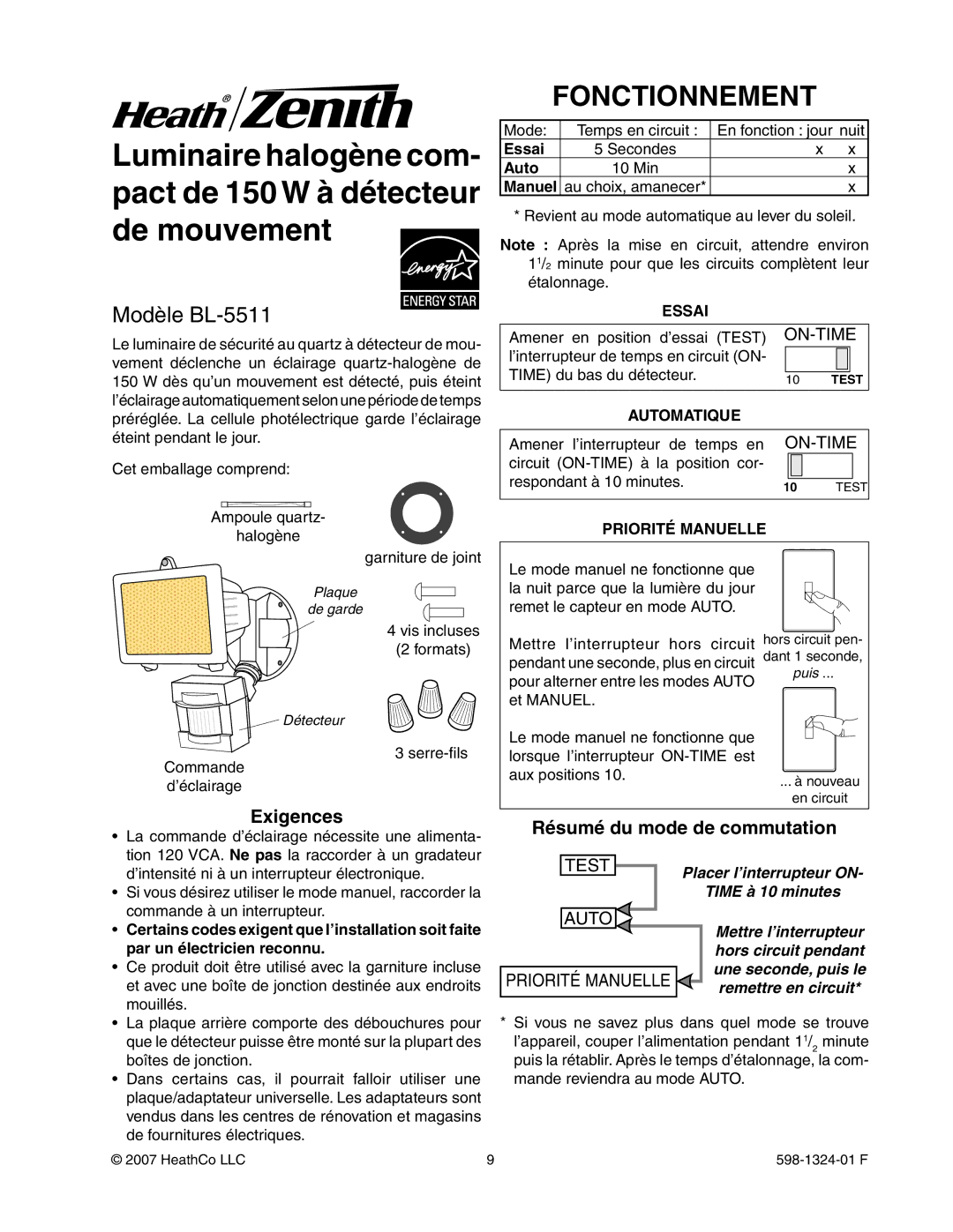 Heath Zenith manual Fonctionnement, Modèle BL-5511, Exigences, Résumé du mode de commutation 