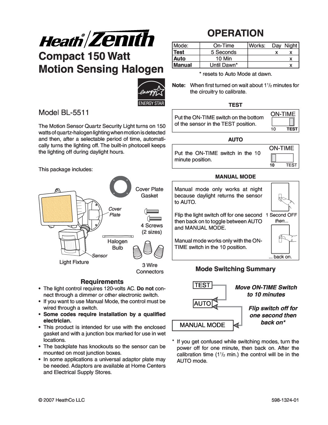 Heath Zenith manual Compact 150 Watt Motion Sensing Halogen, Operation, Model BL-5511, On-Time, Test, to 10 minutes 