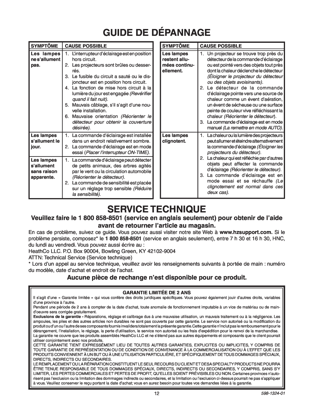 Heath Zenith BL-5511 manual Guide De Dépannage, Service Technique 