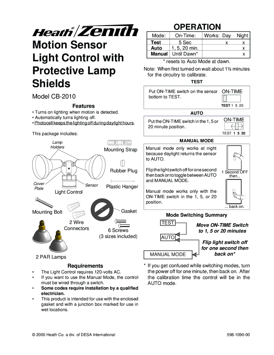 Heath Zenith manual Operation, Model CB-2010, Features, Requirements 