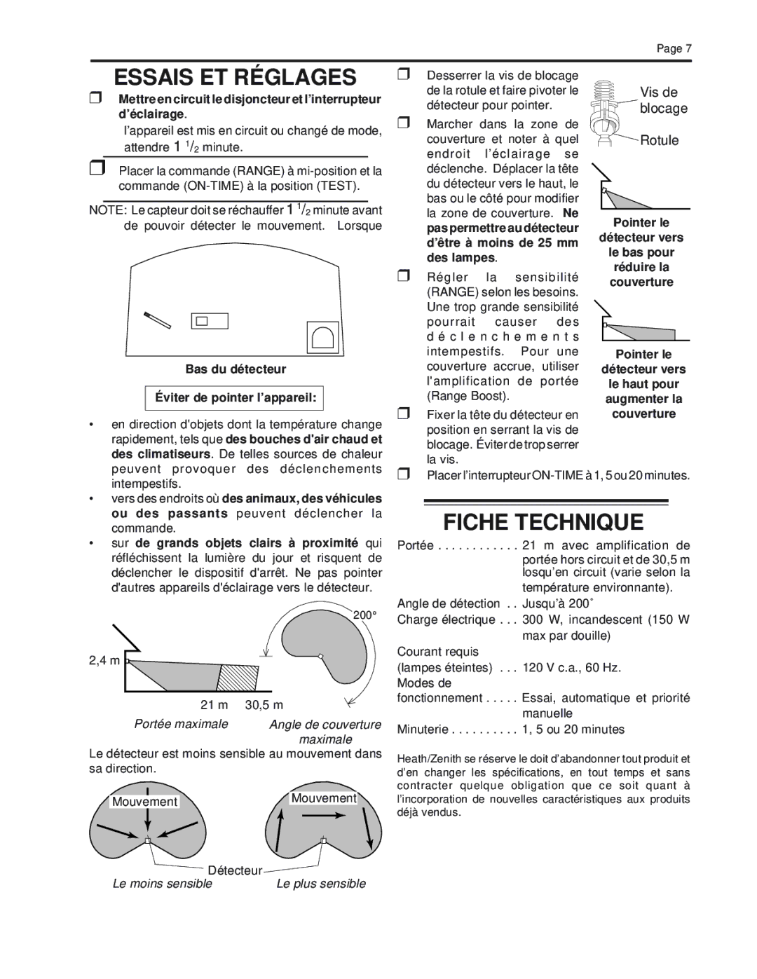 Heath Zenith CB-2010 manual Essais ET Réglages, Fiche Technique, Bas du détecteur Éviter de pointer l’appareil, 21 m 30,5 m 