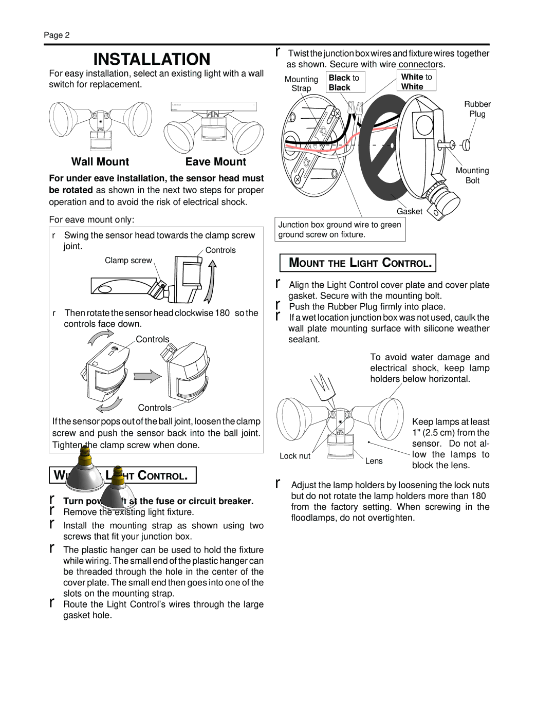 Heath Zenith CB-2010 manual Installation, Wall Mount Eave Mount, Wire the Light Control, Mount the Light Control 