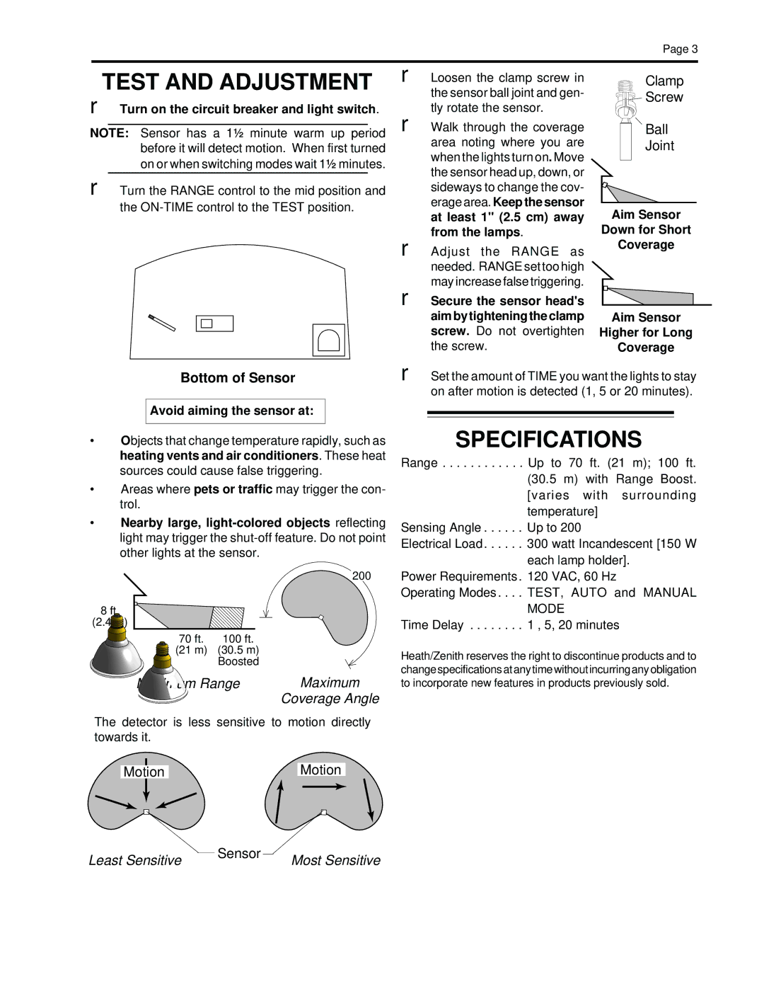 Heath Zenith CB-2010 manual Test and Adjustment, Specifications, Turn on the circuit breaker and light switch 