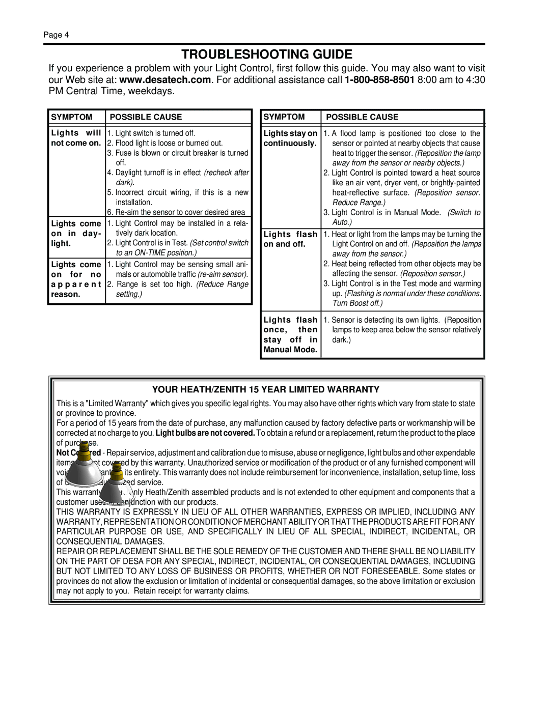 Heath Zenith CB-2010 manual Troubleshooting Guide, Your HEATH/ZENITH 15 Year Limited Warranty, Symptom Possible Cause 