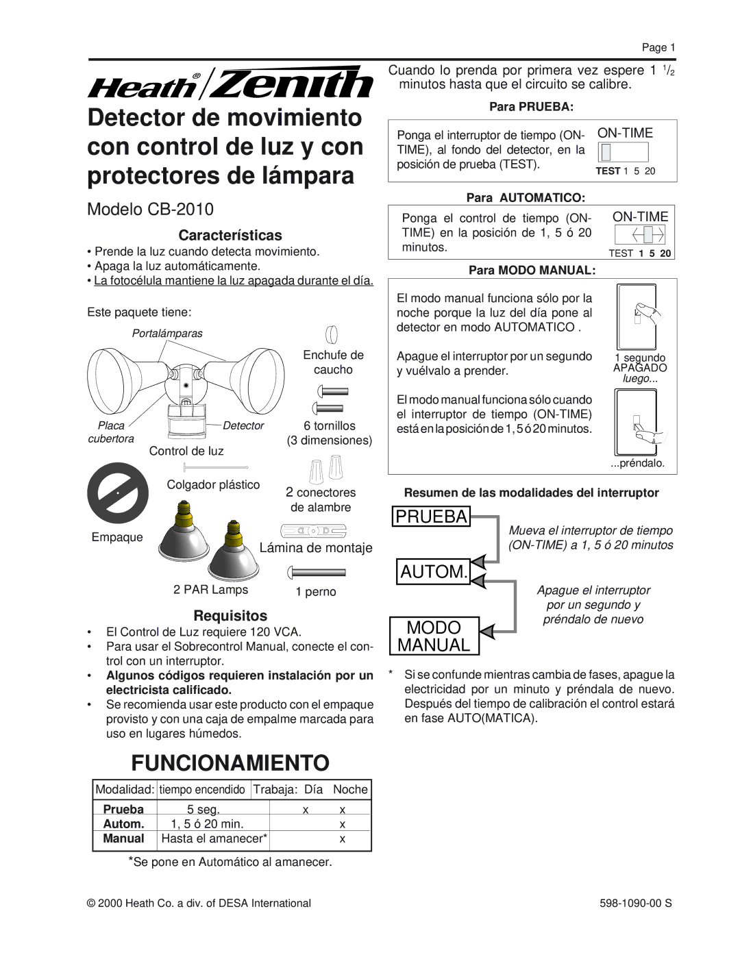 Heath Zenith manual Funcionamiento, Modelo CB-2010, Características, Requisitos 