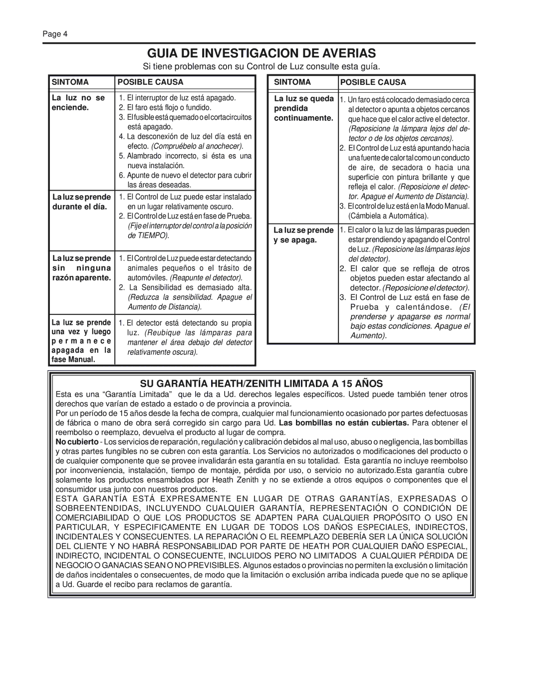 Heath Zenith CB-2010 manual Guia DE Investigacion DE Averias, Si tiene problemas con su Control de Luz consulte esta guía 