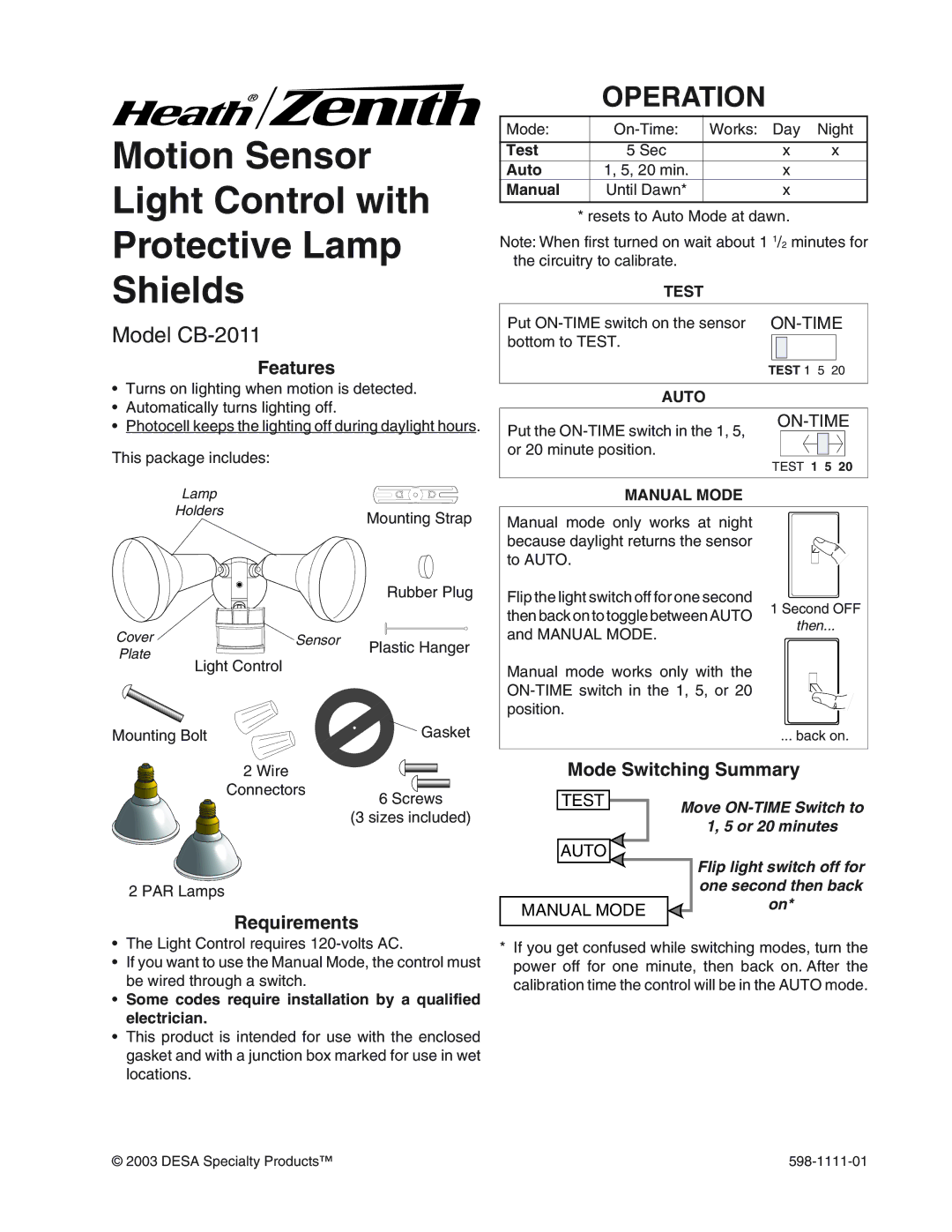 Heath Zenith CB-2011 manual Operation, Features, Mode Switching Summary, Requirements 