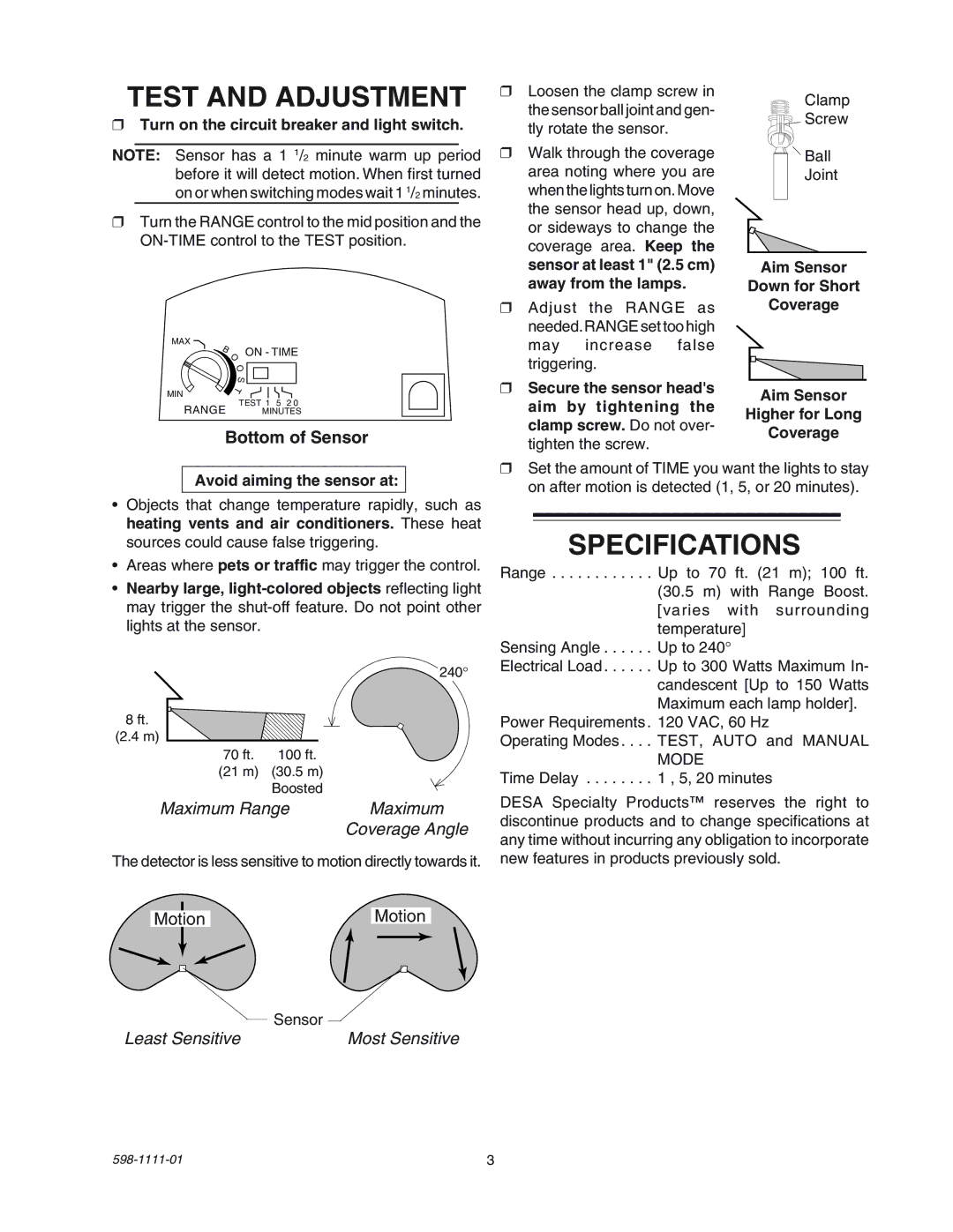 Heath Zenith CB-2011 manual Test and Adjustment, Specifications, Turn on the circuit breaker and light switch 