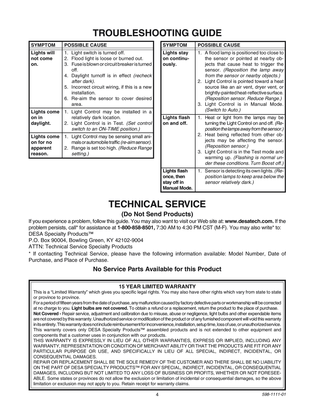 Heath Zenith CB-2011 manual Troubleshooting Guide, Technical Service, Do Not Send Products, Year Limited Warranty 